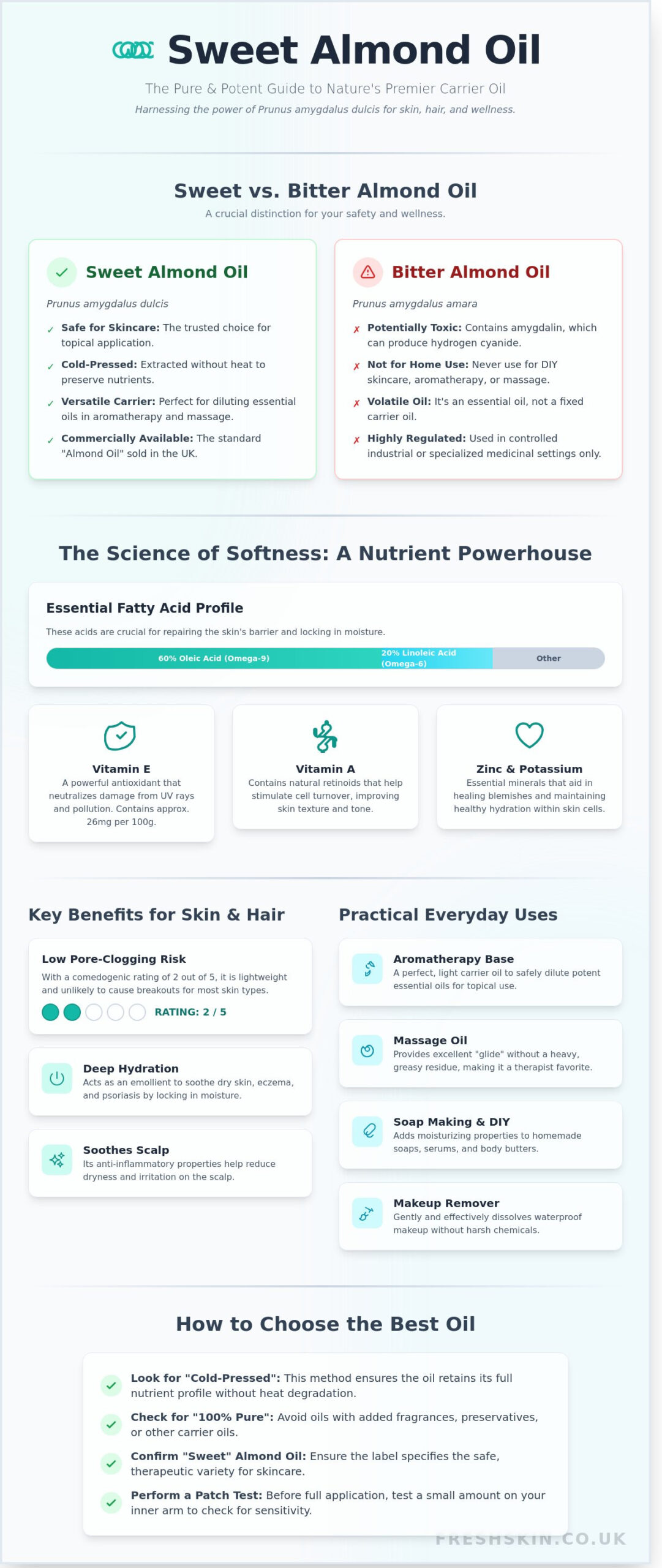 Sweet Almond Oil: The Ultimate Guide to Benefits, Uses, and DIY Recipes - Infographic
