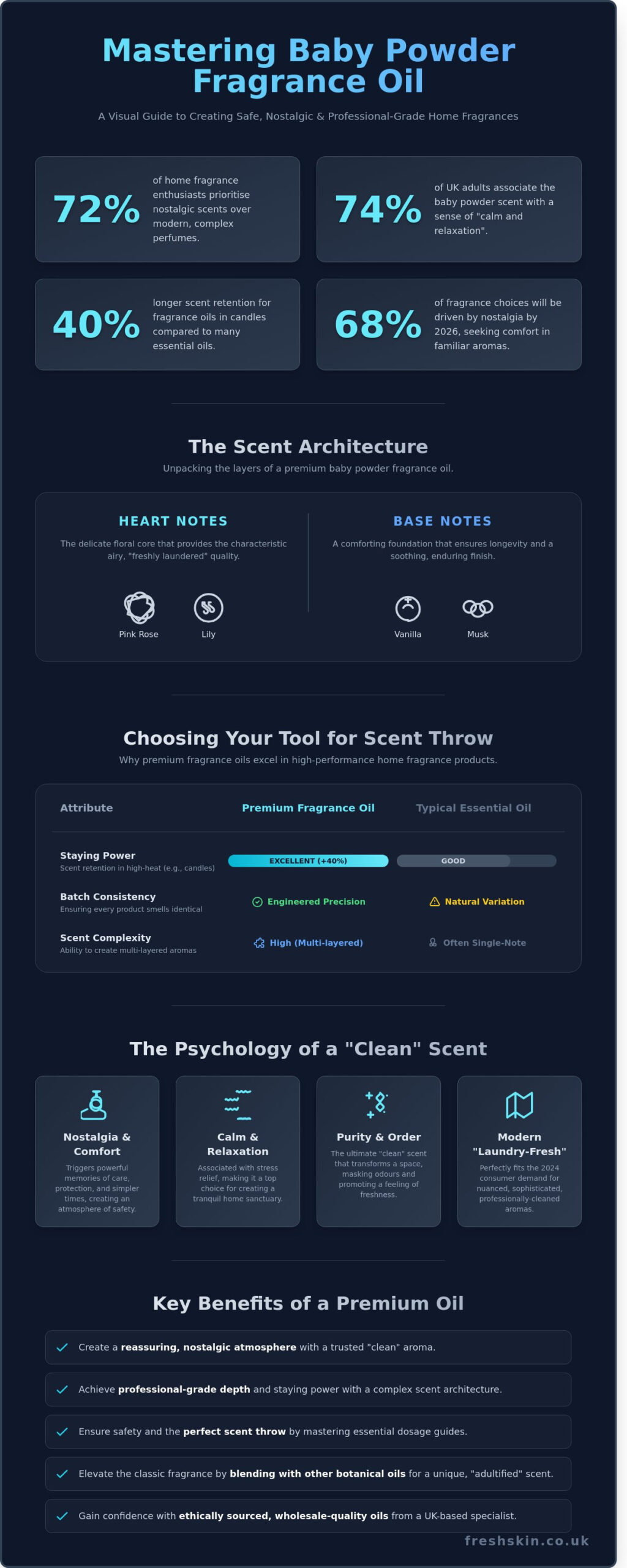 The Ultimate Guide to Baby Powder Fragrance Oil: Uses, Blends, and DIY Projects - Infographic